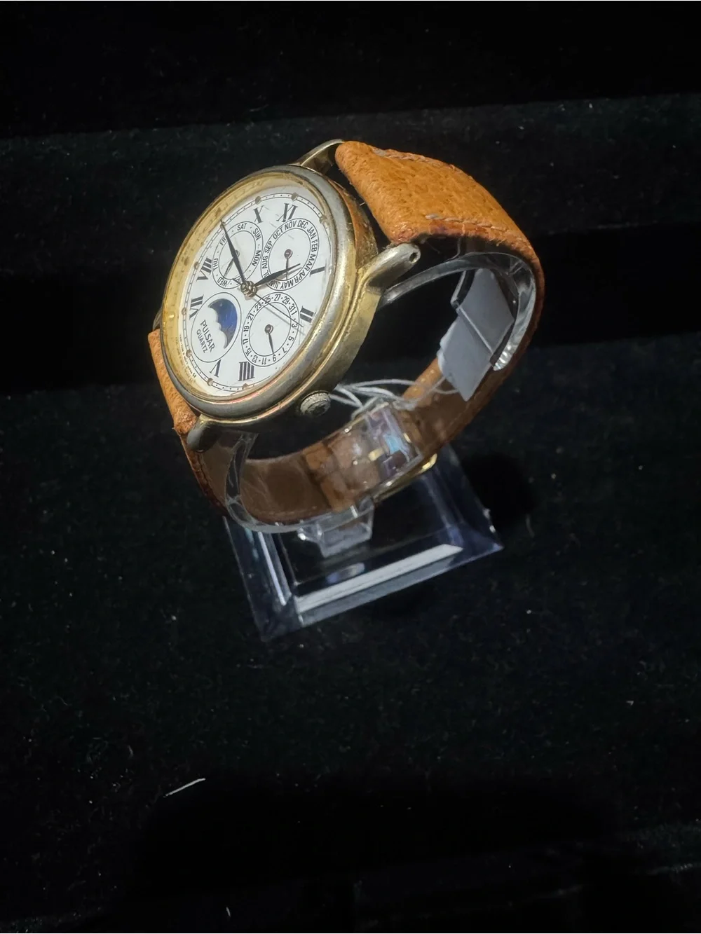 Pulsar White Dial Moonphase Watch with Tan Leather Strap